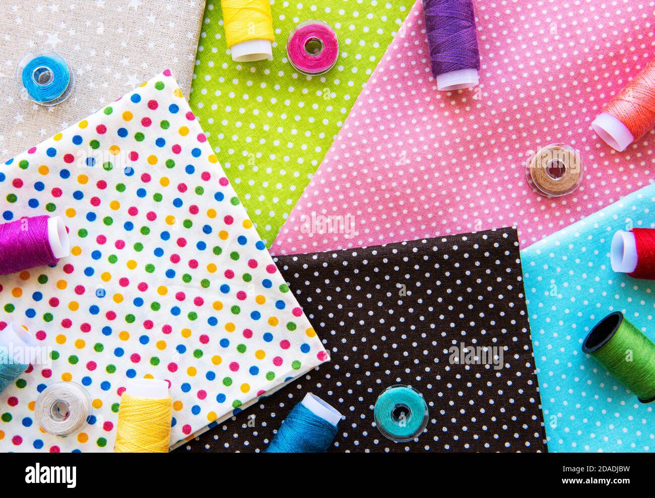 Sewing accessories and fabric. Top view, flat lay. Stock Photo