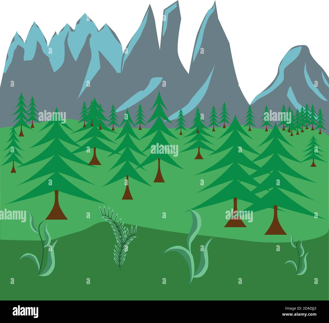 Flat nature landscape design, with mountain, green field Stock Vector