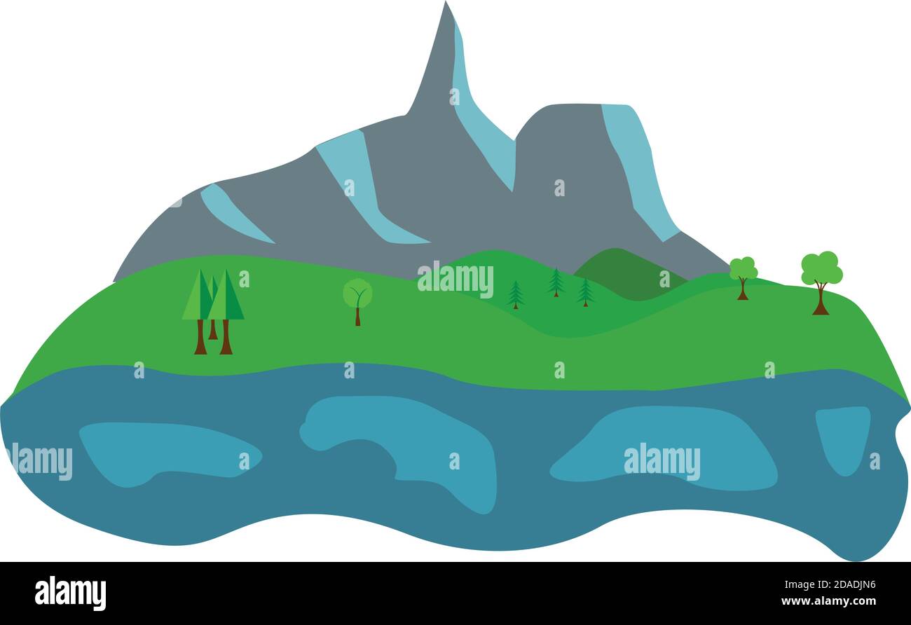 Flat nature landscape design, with mountain, green field and lake Stock ...
