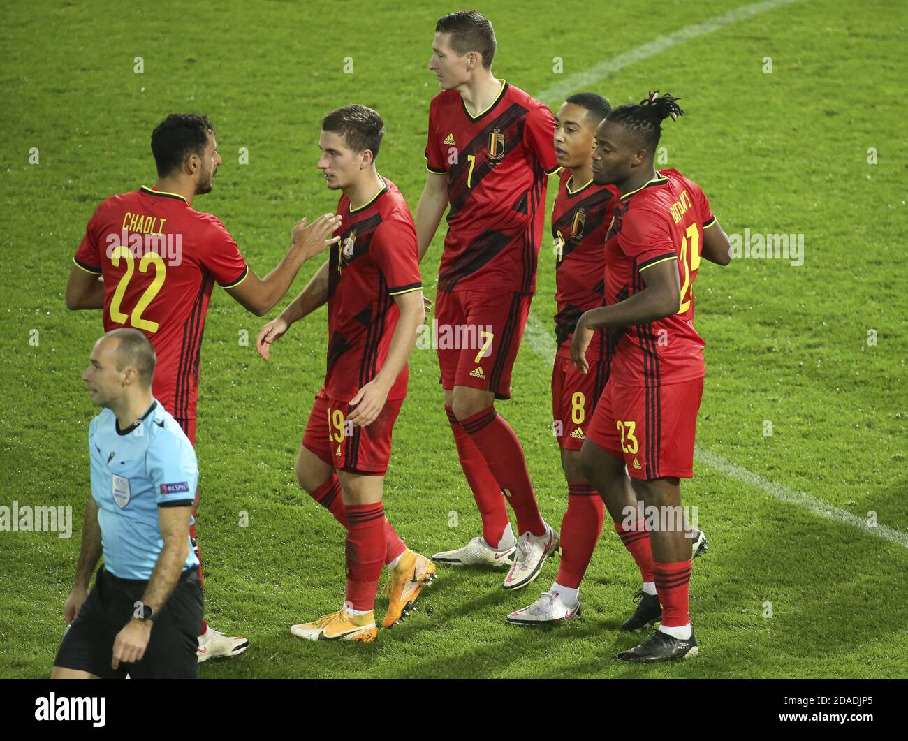 Michy Batshuayi of Belgium (right) celebrates his first goal with teammates during the international friendly football match between Belgium and Swi P Stock Photo