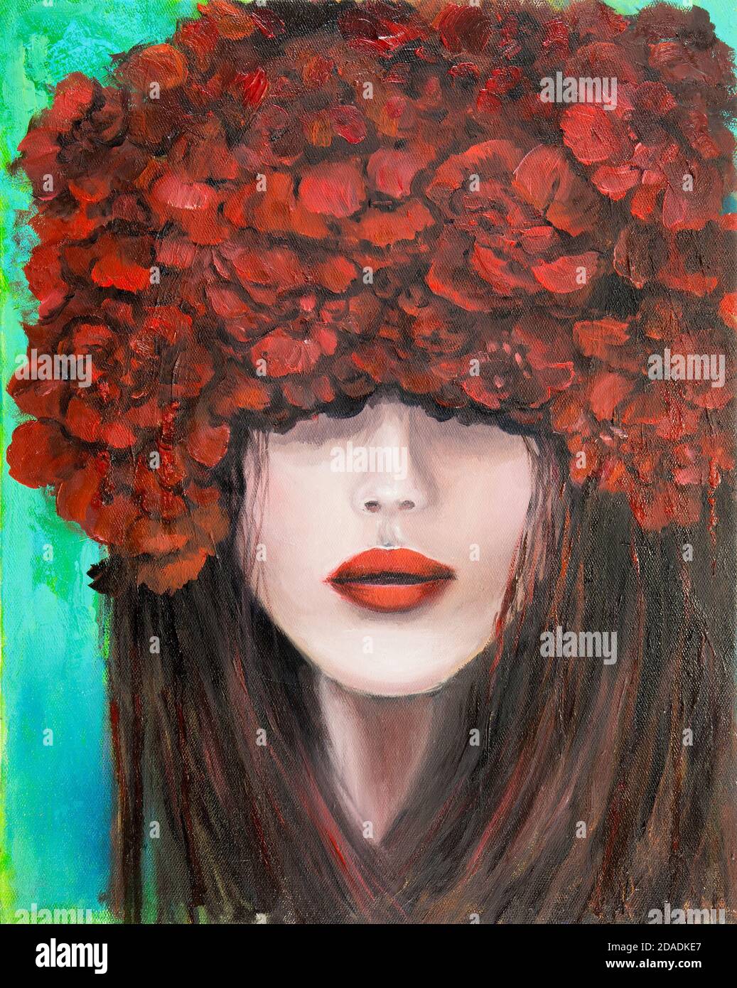 Original abstract oil painting showing woman face and red  roses or carnation flowers on canvas. Modern Impressionism, modernism,marinism Stock Photo