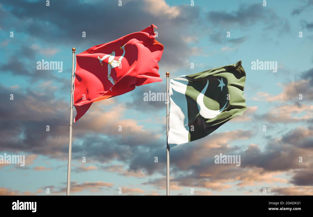 Beautiful national state flags of Isle of Mann and Pakistan together at the sky background. 3D artwork concept. Stock Photo