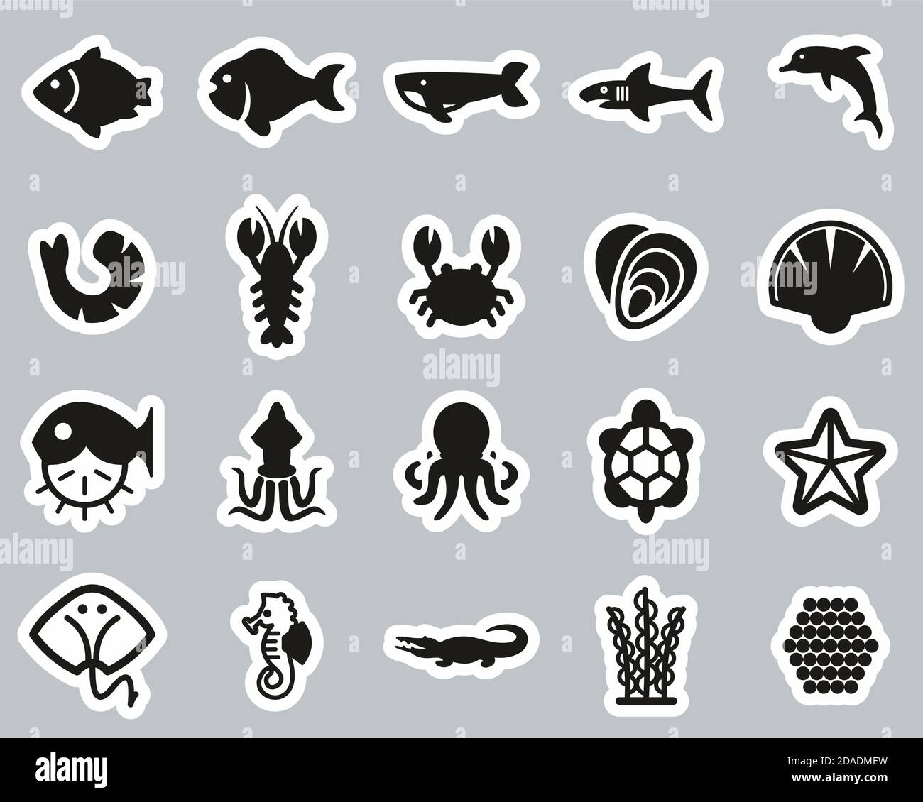 Sea Life & Seafood Icons Black & White Sticker Set Big Stock Vector ...