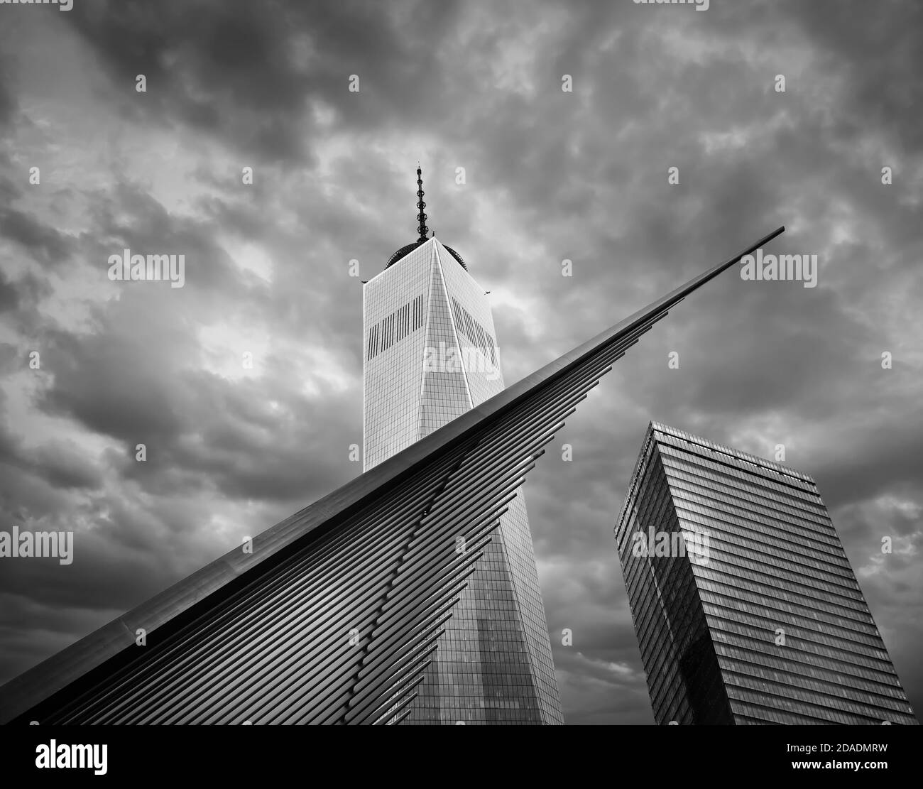 Black and white image of Manhattan modern architecture. Freedom Tower