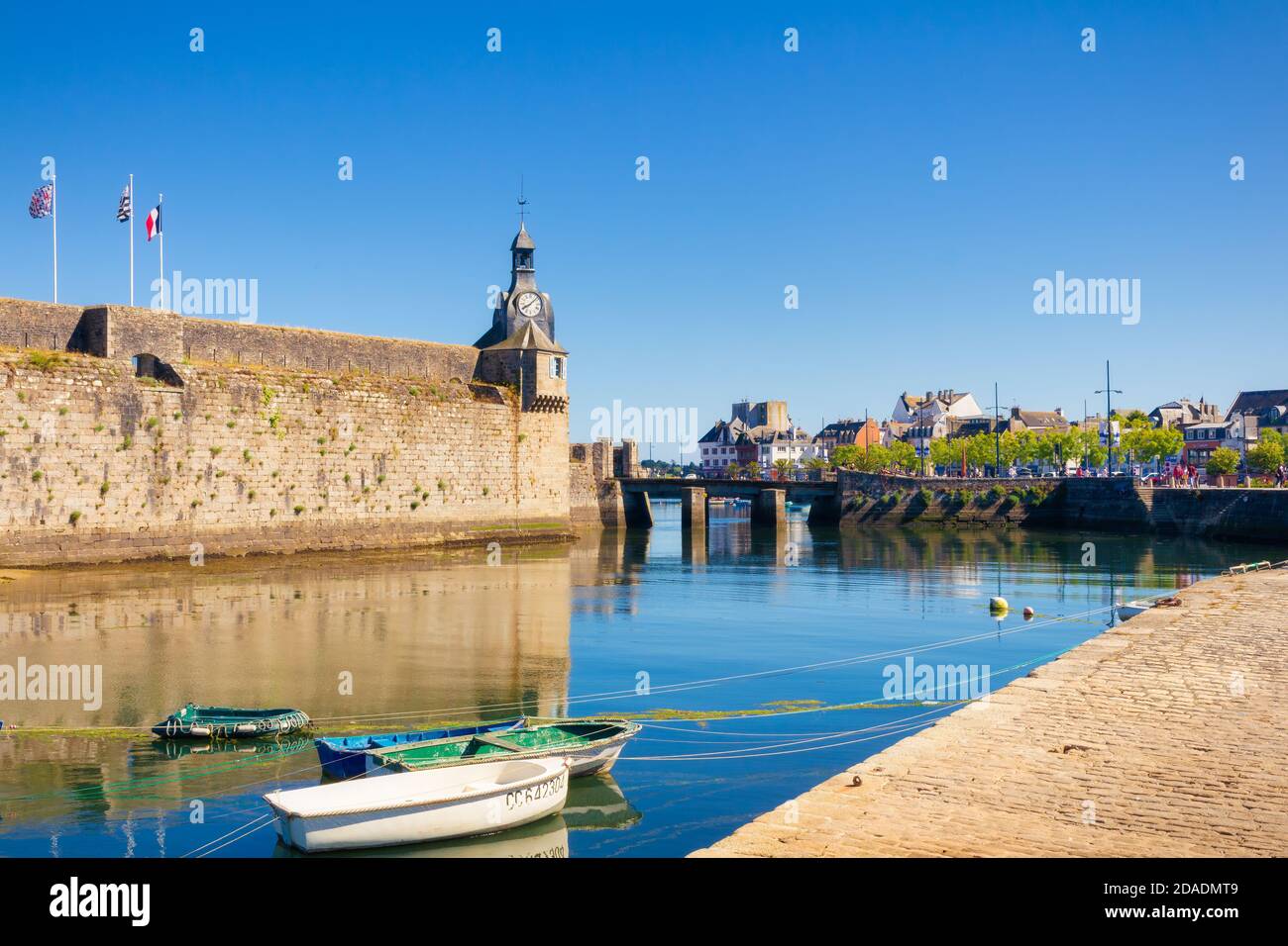 CONCARNEAU, BRITTANY, FRANCE: View of the old walled city of Concarneau, located on an island next to the port. Stock Photo