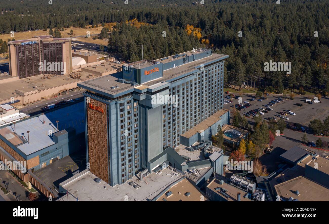 STATELINE, NEVADA, UNITED STATES - Nov 05, 2020: The casino and hotel tower stands above the south Lake Tahoe area landscape at the Harrah's Lake Taho Stock Photo