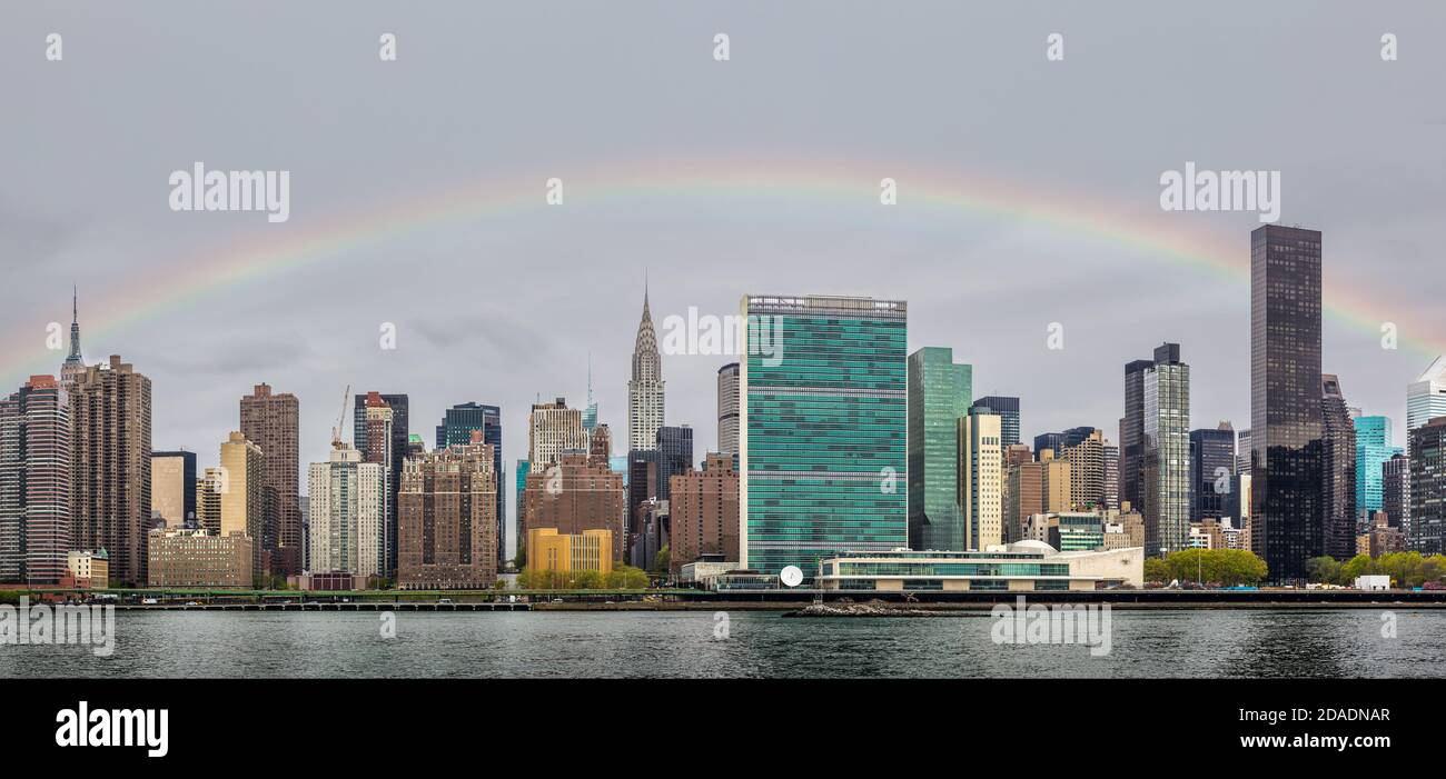 Rainbow over Manhattan, New York City. Panoramic view of Midtown ...