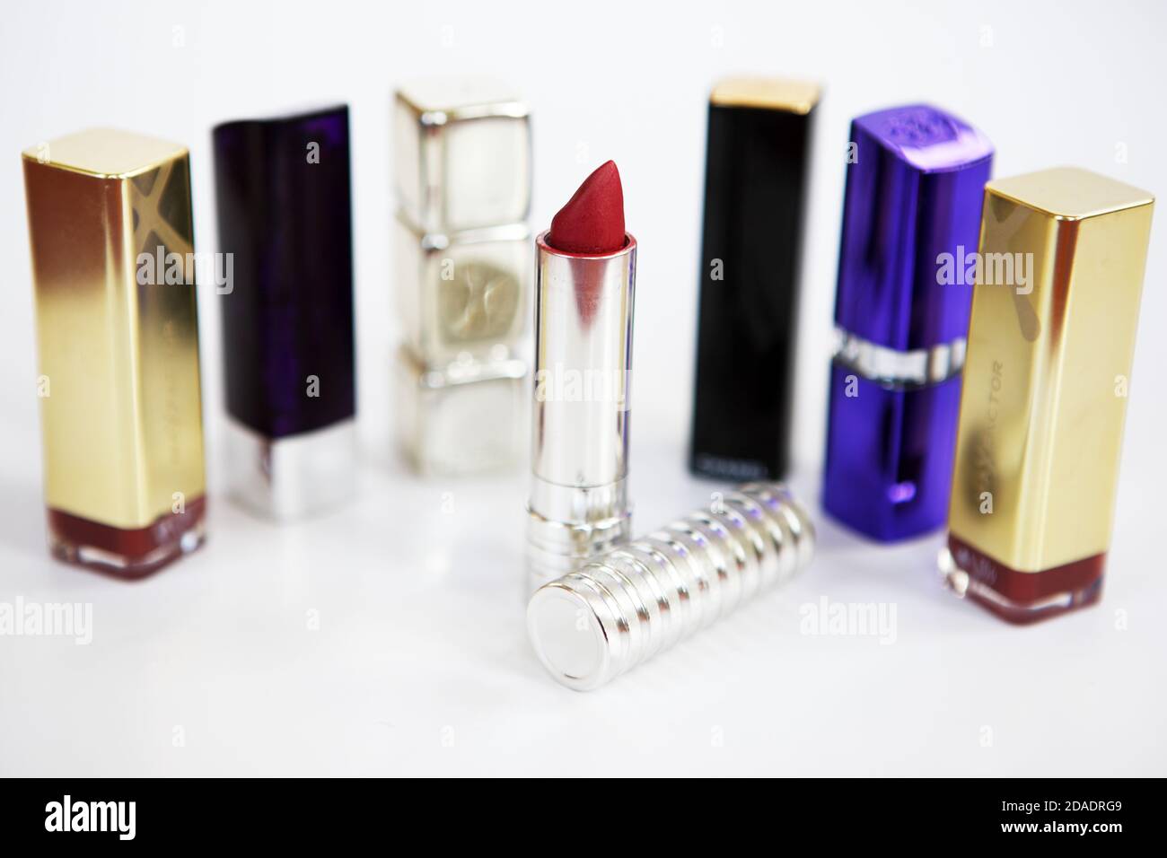 Various lipsticks on a white background Stock Photo