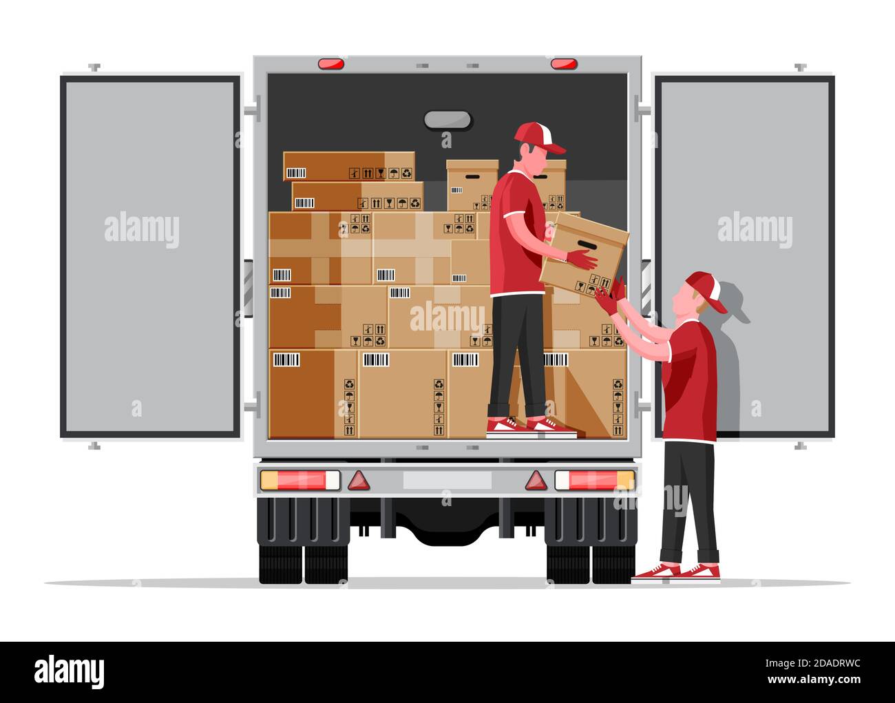 Truck trailer loaded with cardboard boxes by movers. Delivery van with pile of boxes. Express delivering services commercial truck. Fast and free delivery. Cargo logistic. Flat vector illustration Stock Vector