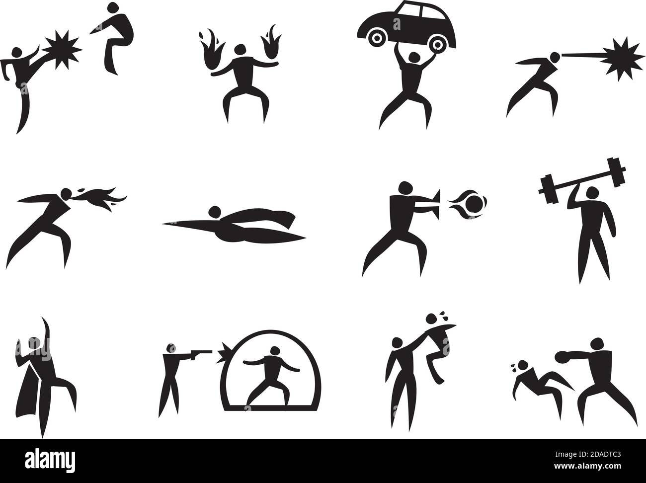 Vector illustration of icon man with different super power. Black and White icon set. Stock Vector