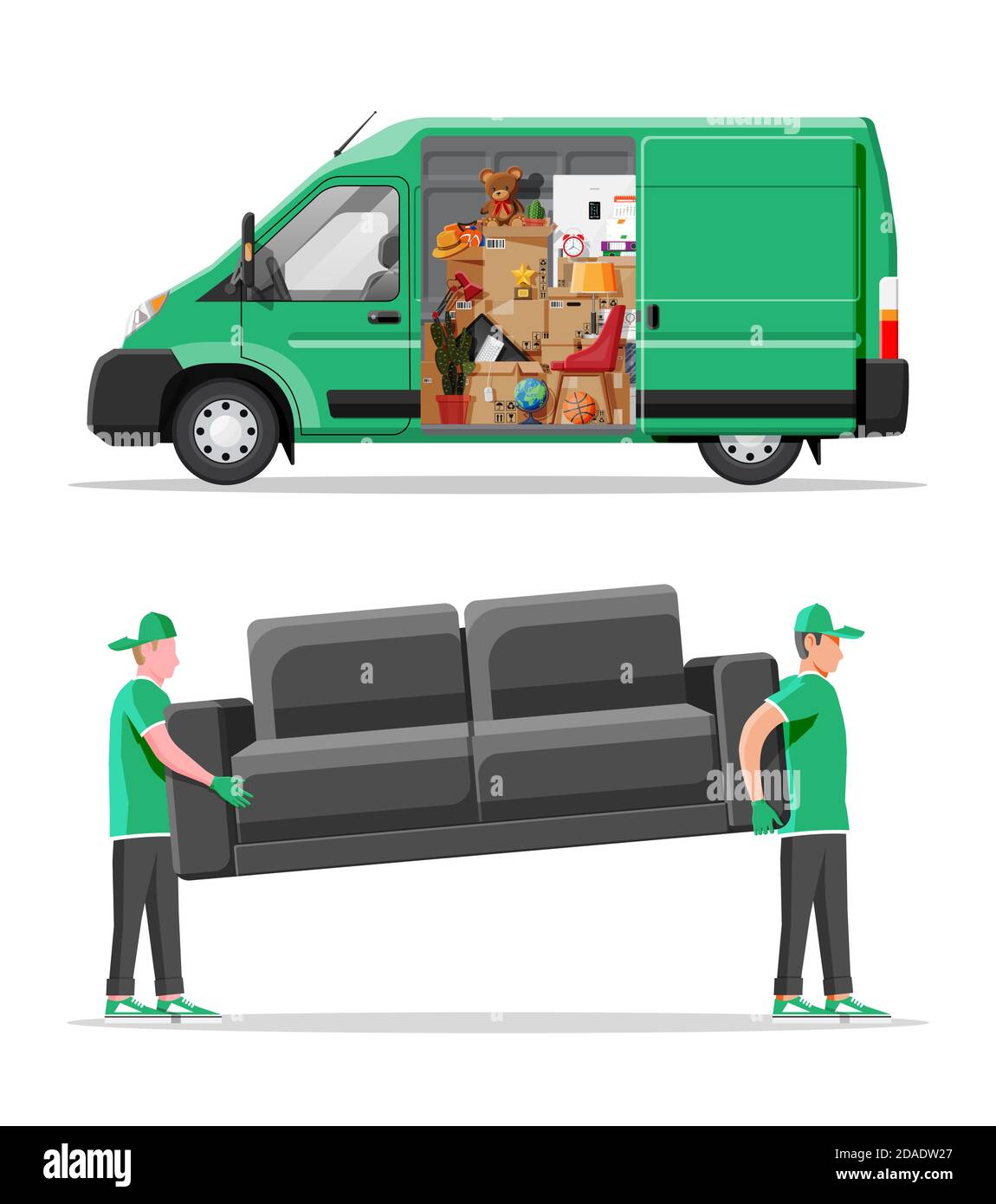 Delivery van full of home stuff inside. Moving to new house. Family relocated to new home. Boxes with goods. Package transportation. Computer, lamp, clothes, books. Flat vector illustration Stock Vector