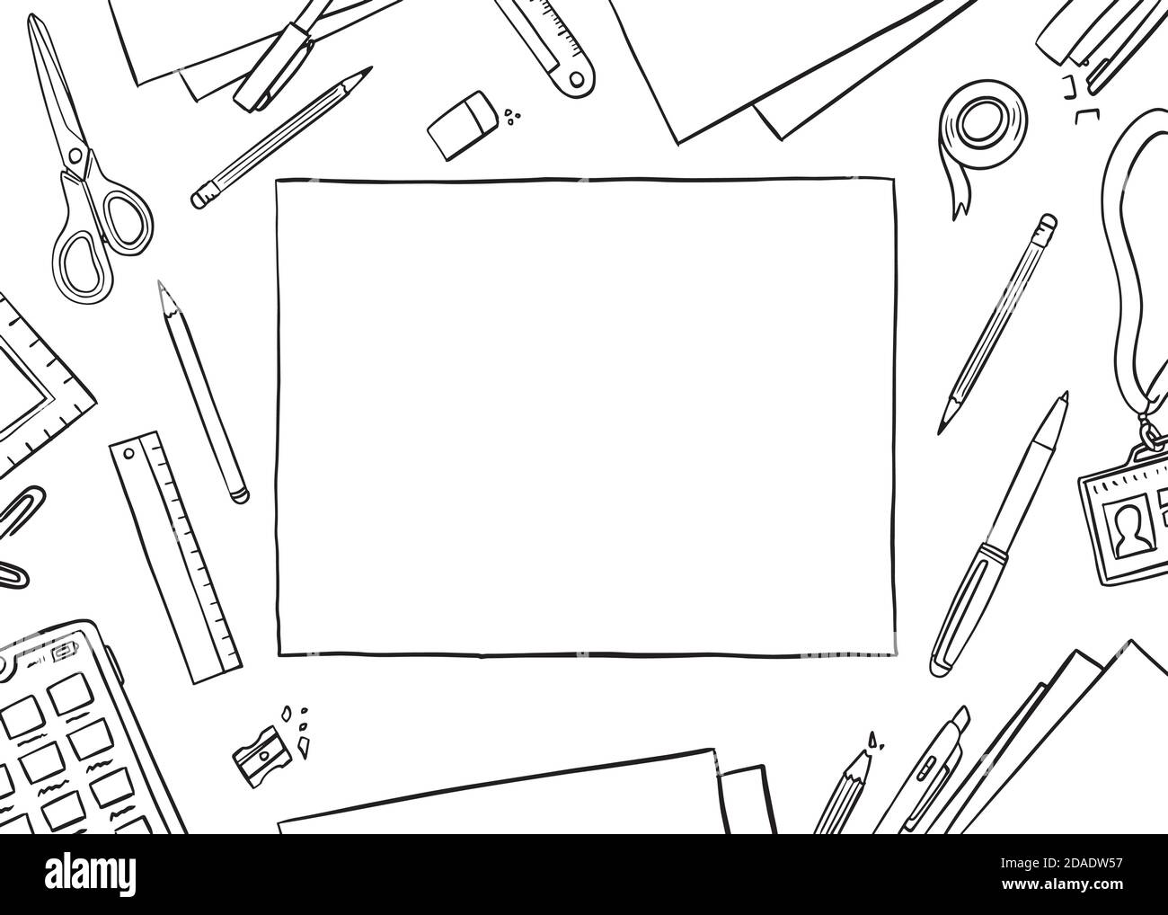 School stationery items on sheet with a blank sheet in the middle,Doodle  line drawing vector illustration.Template for advertising brochure.School  items for study and creativity set,black liner sketch 13178034 Vector Art  at Vecteezy