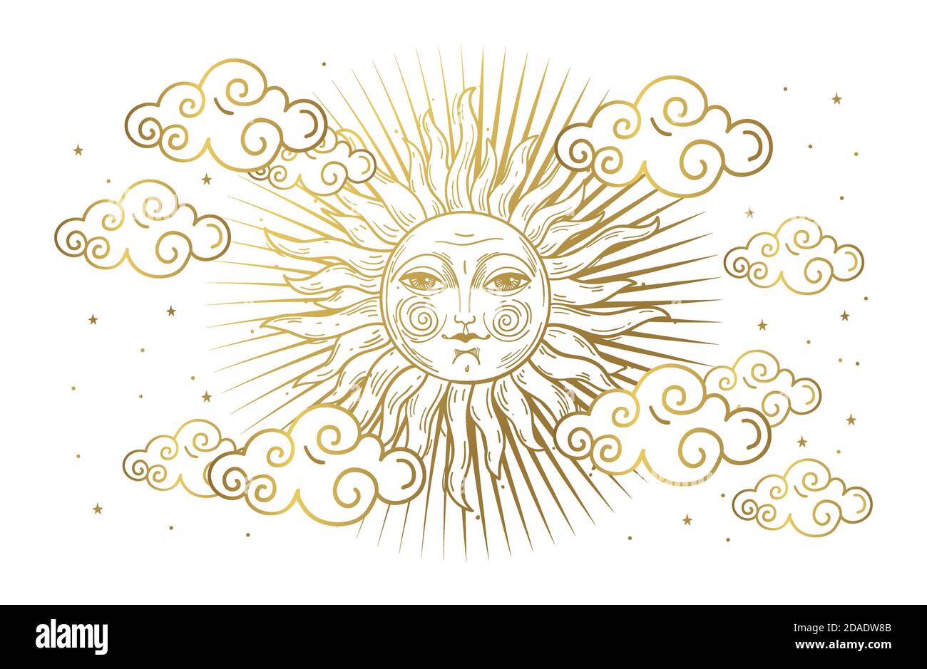 Magic banner for astrology, tarot, boho design. Universe, golden sun with face and clouds on white isolated background. Esoteric vector illustration, pattern Stock Vector