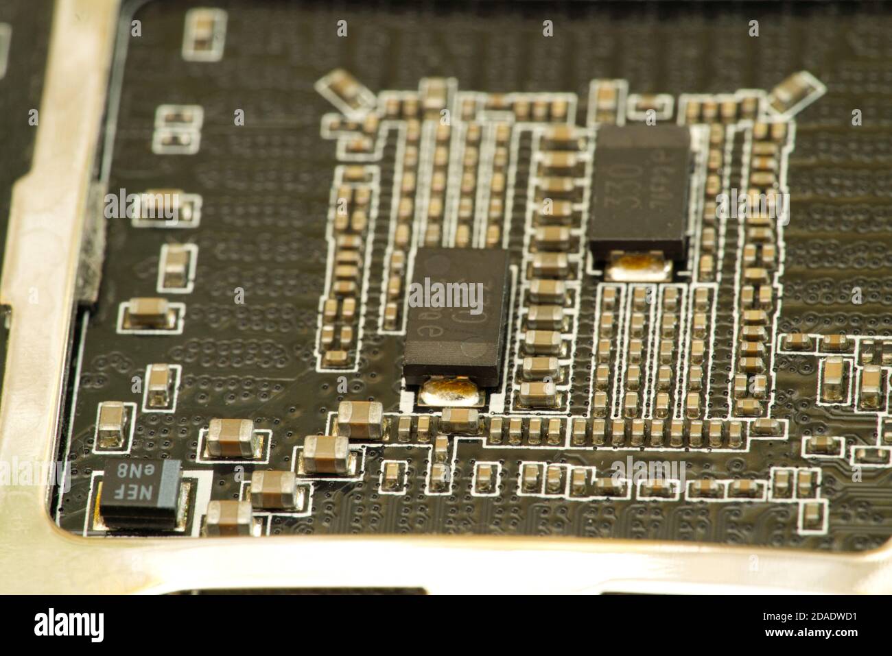 various chips on a textolite video card board for a modern desktop computer Stock Photo
