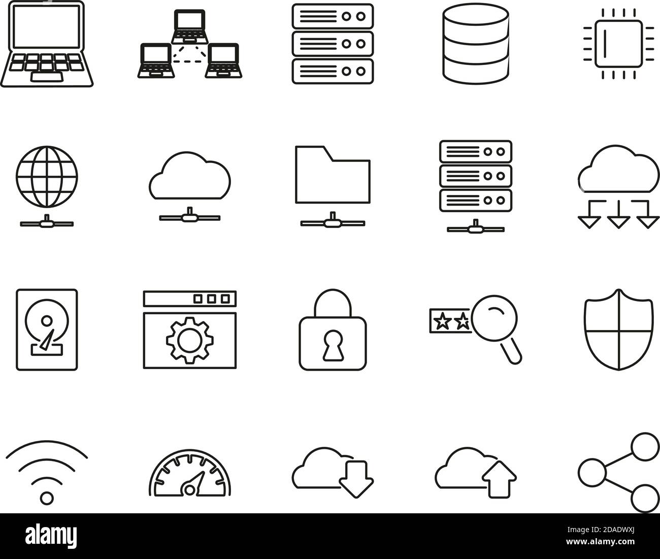 Server & Data Center Icons Black & White Thin Line Set Big Stock Vector