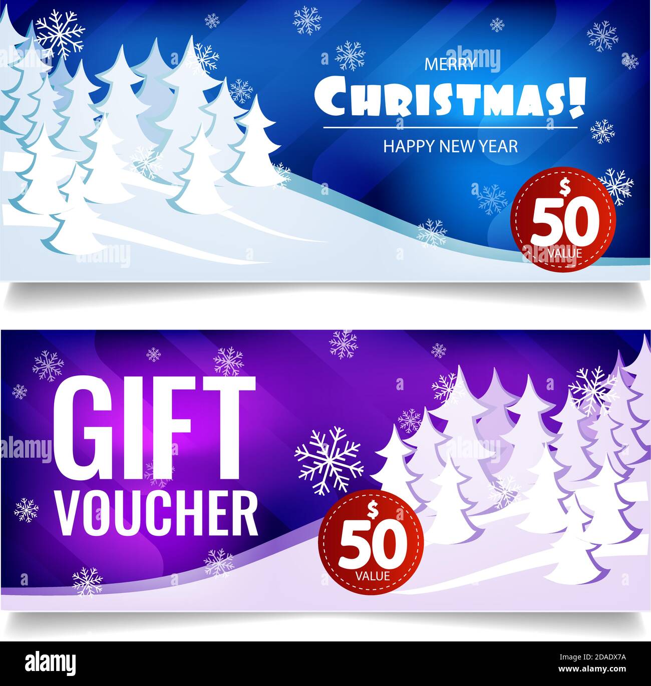 hristmas gift voucher. On background of winter snow forest. Christmas