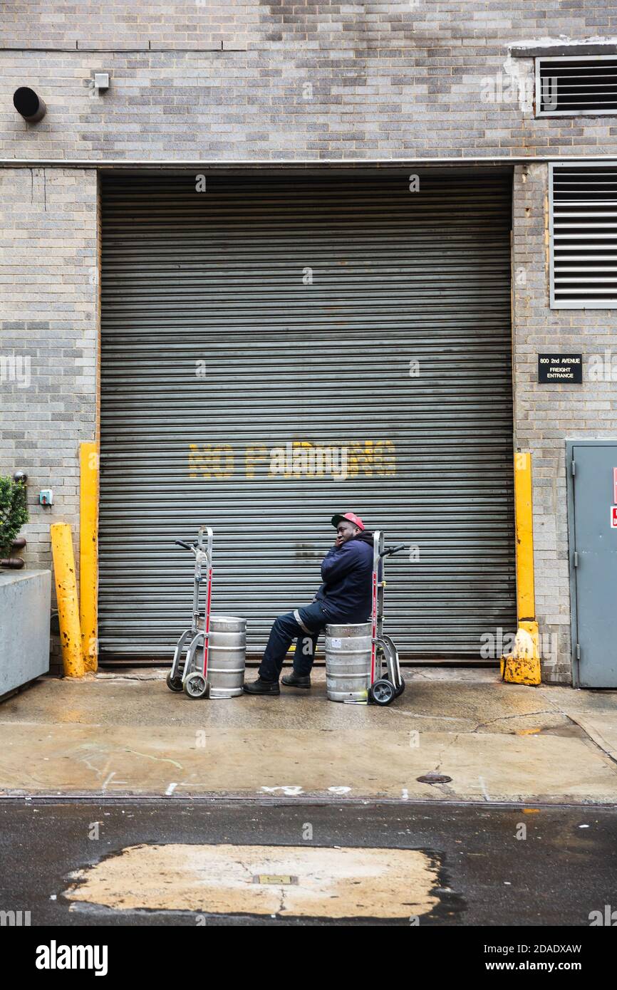 NEW YORK, USA May 03, 2016 Beer delivery. Manhattan street scene