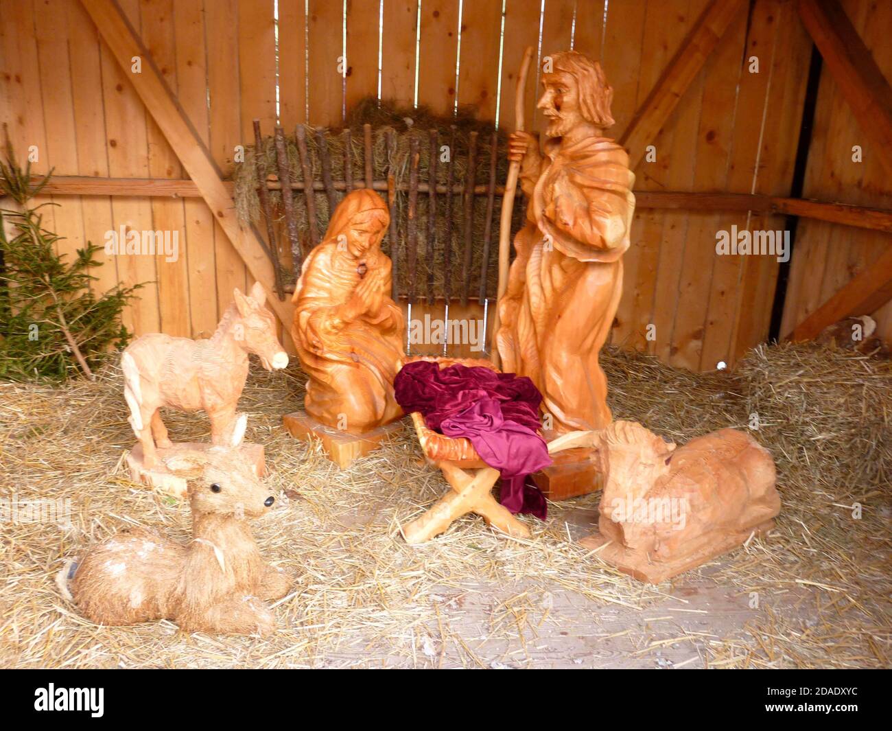 nativity scene in the christmas time, wooden crib and figures Stock ...