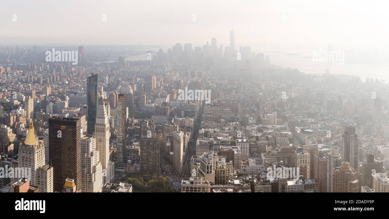 5th Avenue, Flatiron Building and Broadway. Manhattan midtown and downtown viewed from top of Empire State Building. Birds eye view Stock Photo