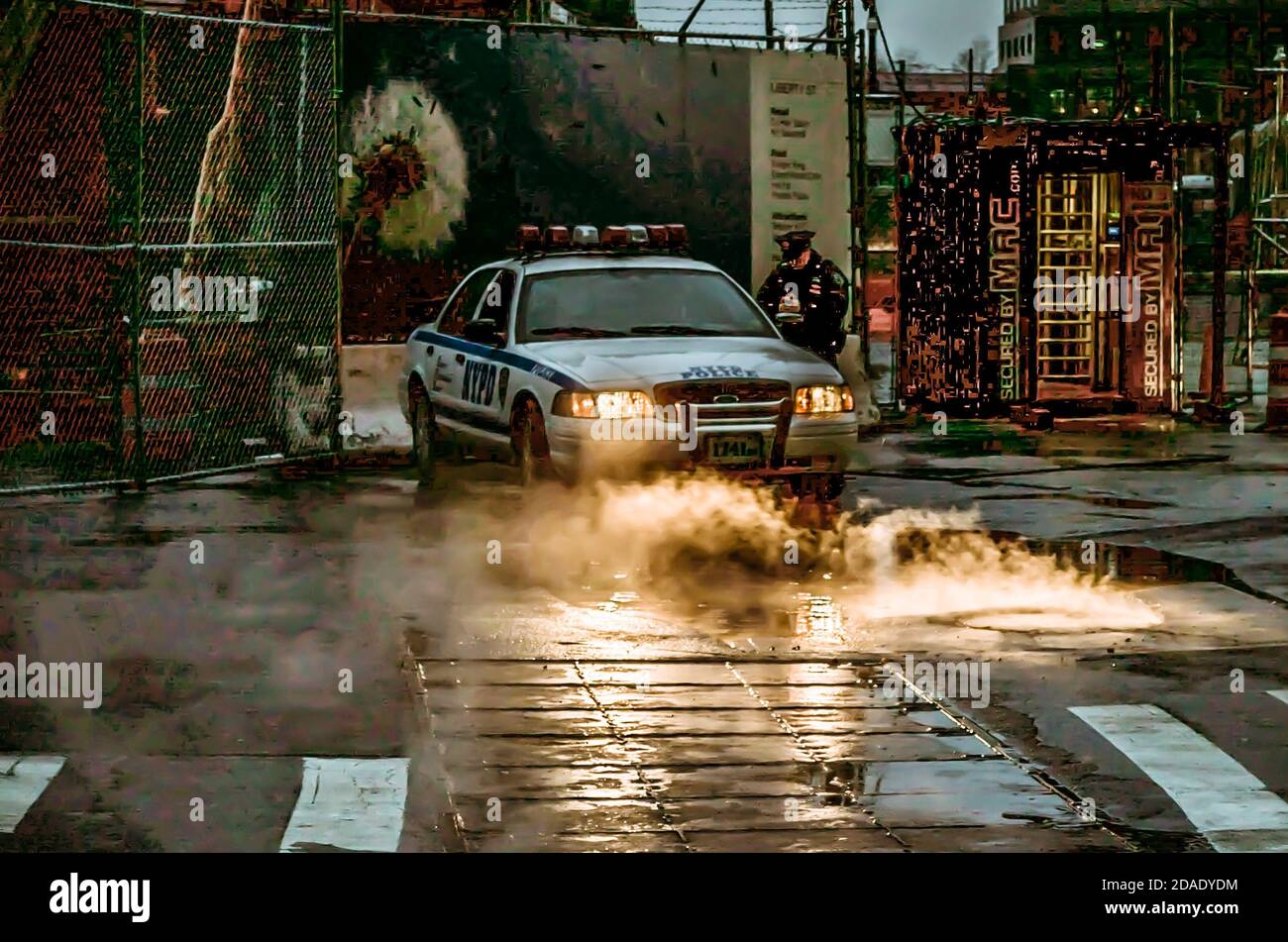 Police Vehicle with its Headlights Shed Light on Steam Cominf of the Sewers in Lower Manhattan, New York City, USA Stock Photo