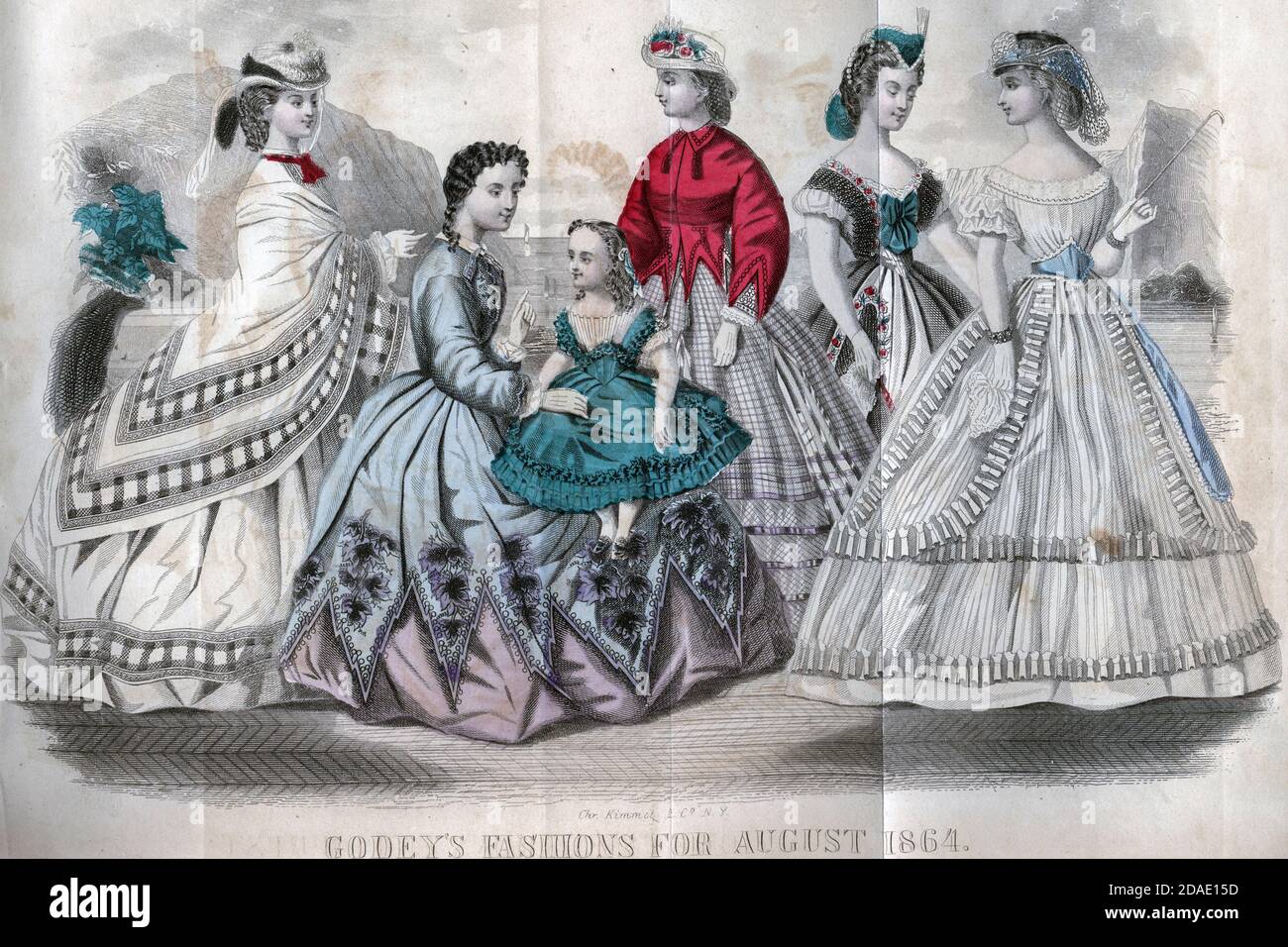 Godey's Fashion for August 1864 from Godey's Lady's Book and Magazine, August, 1864, Volume LXIX, (Volume 69), Philadelphia, Louis A. Godey, Sarah Josepha Hale, Stock Photo