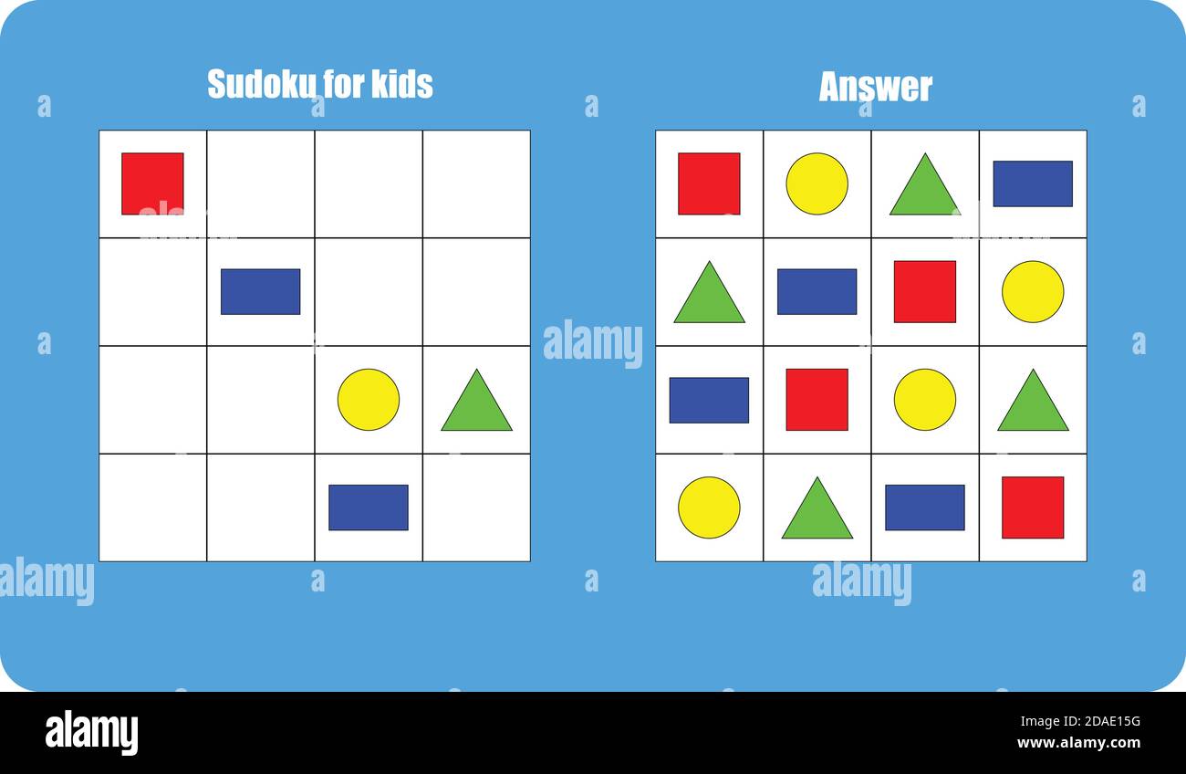 Sudoku game with pictures geometric shapes for children, easy level, education game for kids, preschool worksheet activity, task for the development Stock Vector