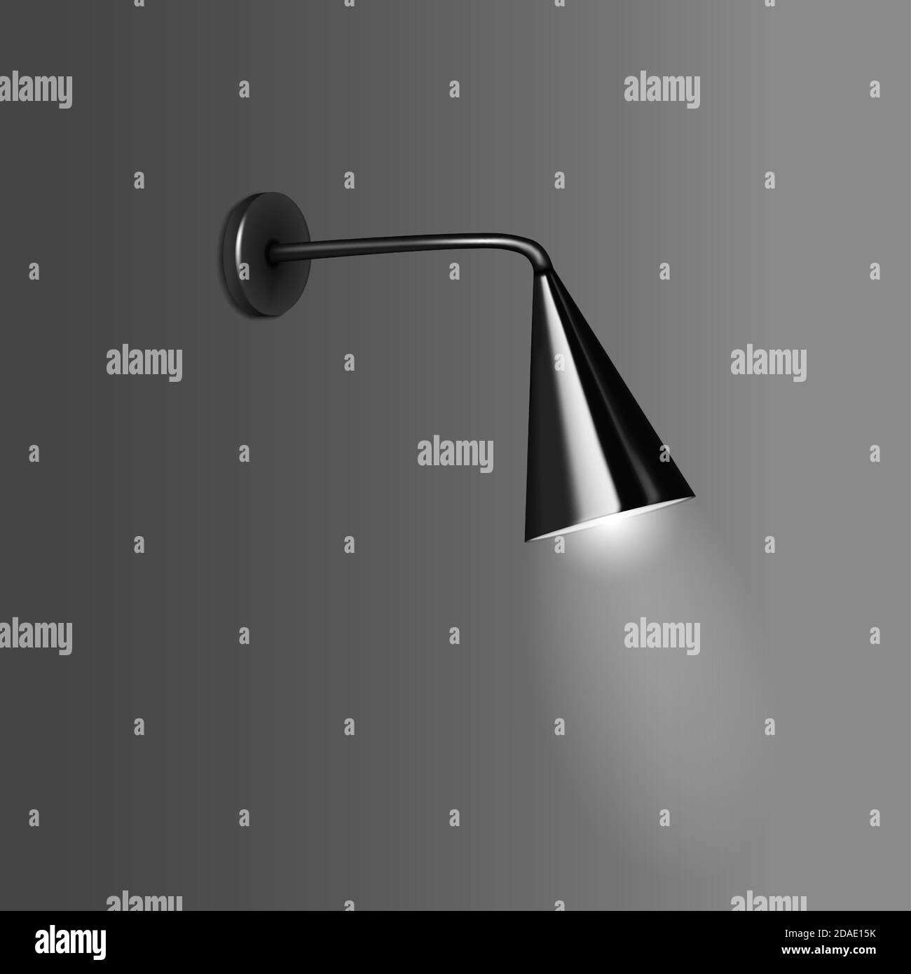 Wall lamp with black metal cone shaped lampshade, vector illustration. Modern interior night light with the light on Stock Vector