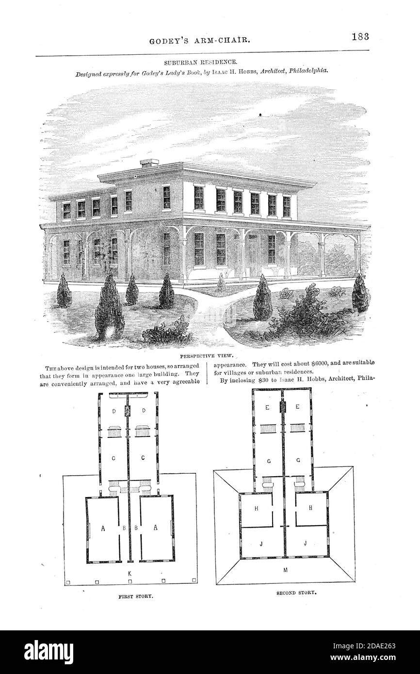 Suburban Residence, Floor Plan layout from Godey's Lady's Book and Magazine, August, 1864, Volume LXIX, (Volume 69), Philadelphia, Louis A. Godey, Sarah Josepha Hale, Stock Photo