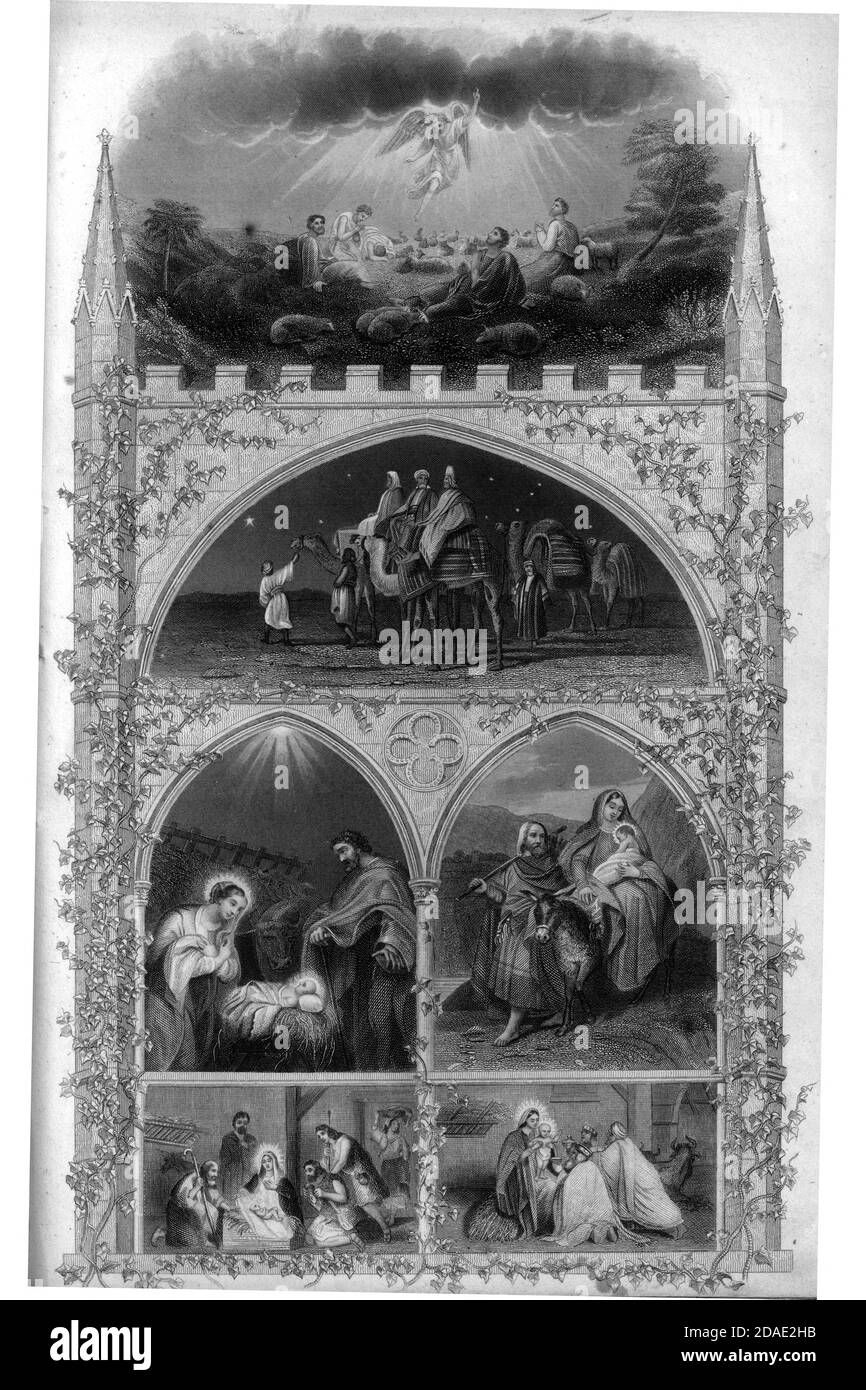 Nativity Scene for Christmas from Godey's Lady's Book and Magazine, December 1864, Volume LXIX, (Volume 69), Philadelphia, Louis A. Godey, Sarah Josepha Hale, Stock Photo