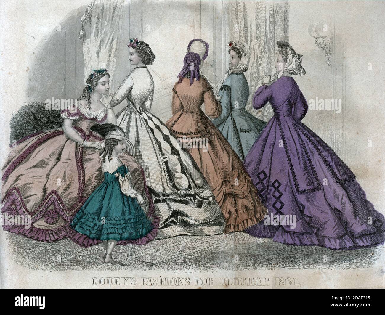 Godey's Fashion for December 1864 from Godey's Lady's Book and Magazine, December, 1864, Volume LXIX, (Volume 69), Philadelphia, Louis A. Godey, Sarah Josepha Hale, Stock Photo