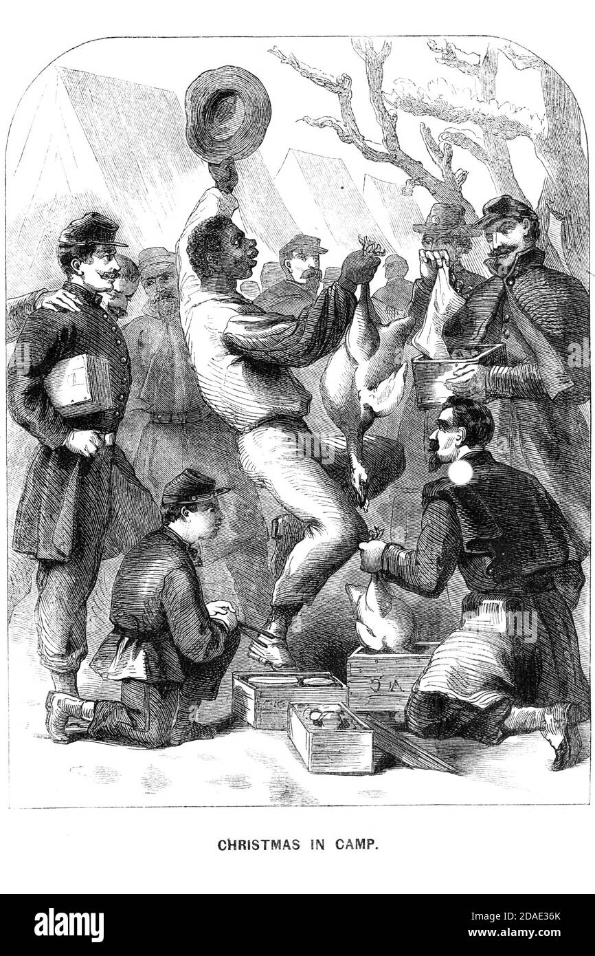 Christmas in Camp from Godey's Lady's Book and Magazine, December, 1864, Volume LXIX, (Volume 69), Philadelphia, Louis A. Godey, Sarah Josepha Hale, Stock Photo