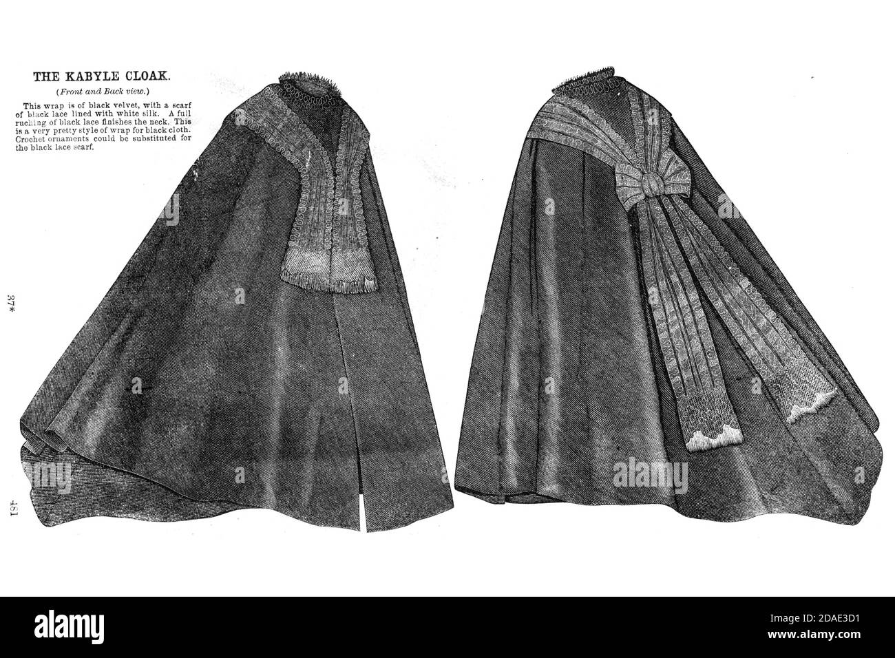 Cloak for a Lady (front and back) from Godey's Lady's Book and Magazine, December, 1864, Volume LXIX, (Volume 69), Philadelphia, Louis A. Godey, Sarah Josepha Hale, Stock Photo