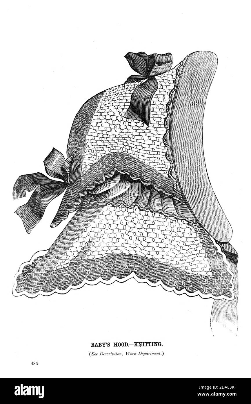 Baby's Hood - Knitting from Godey's Lady's Book and Magazine, December, 1864, Volume LXIX, (Volume 69), Philadelphia, Louis A. Godey, Sarah Josepha Hale, Stock Photo