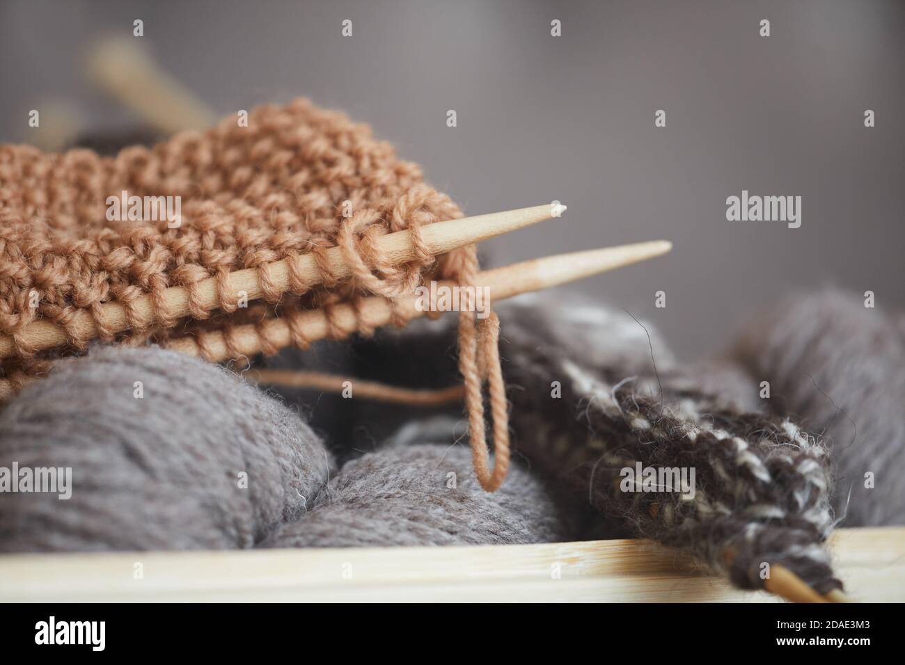 Close-up of yarn and needles for knitting work Stock Photo