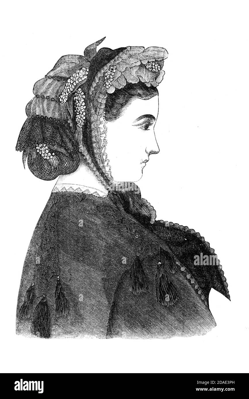 Fashionable Bonnets 1864 from Godey's Lady's Book and Magazine, December, 1864, Volume LXIX, (Volume 69), Philadelphia, Louis A. Godey, Sarah Josepha Hale, Stock Photo