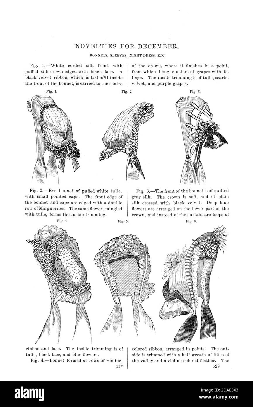 Fashionable Bonnets 1864 from Godey's Lady's Book and Magazine, December, 1864, Volume LXIX, (Volume 69), Philadelphia, Louis A. Godey, Sarah Josepha Hale, Stock Photo