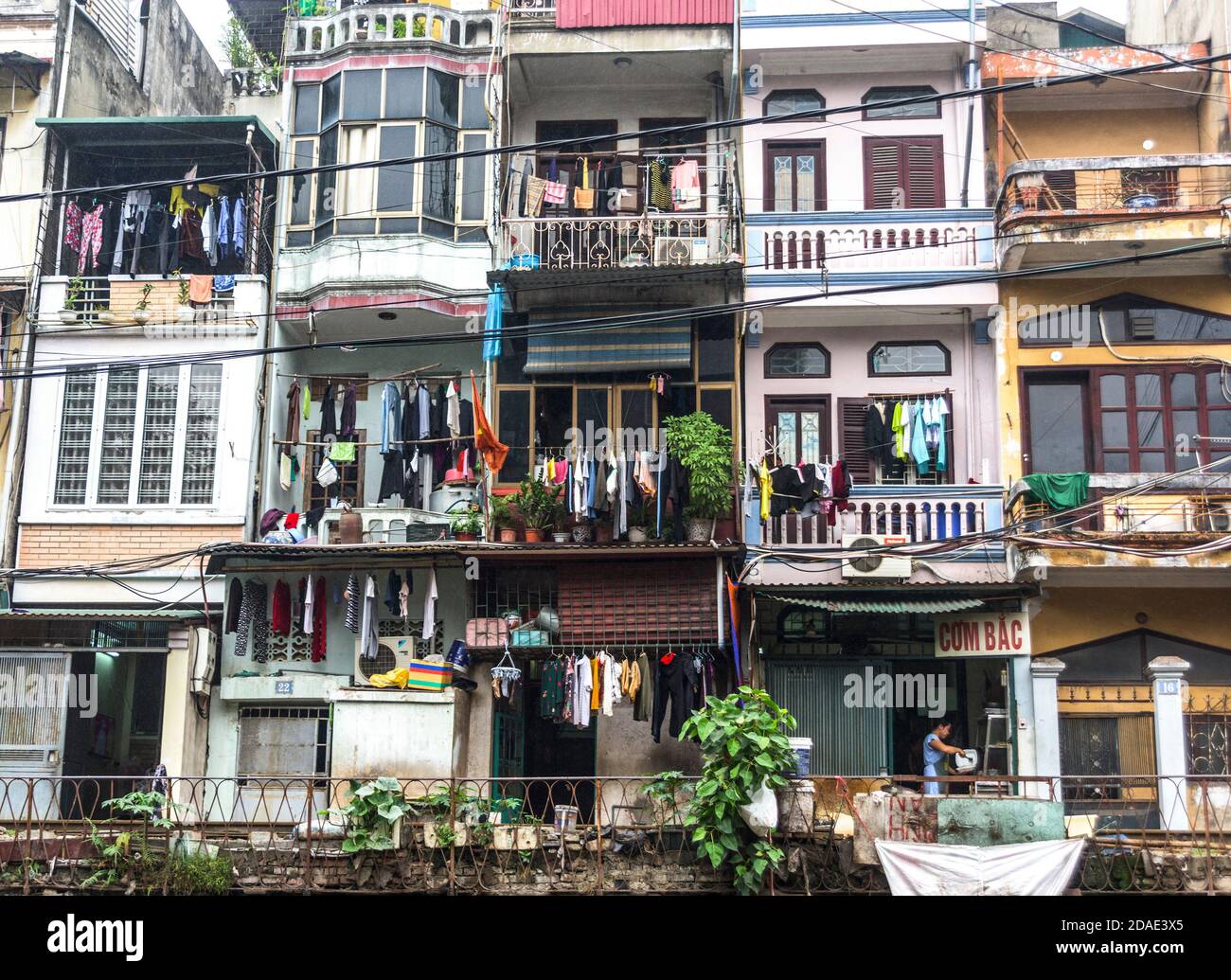 Hanoi, Vietnam, December 30, 2019, old house and restaurant facades in the old quarter of Hanoi city Stock Photo