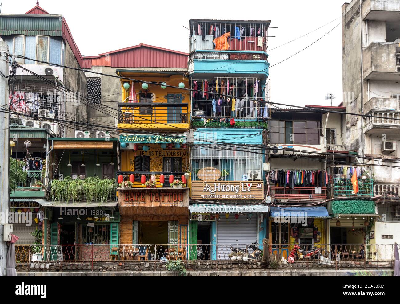 Hanoi, Vietnam, December 30, 2019, old house and restaurant facades in the old quarter of Hanoi city Stock Photo
