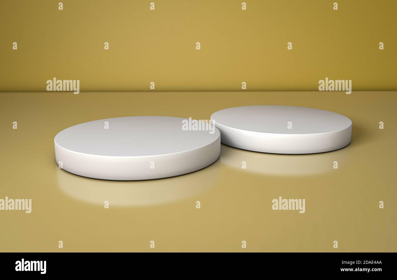 3D Illustration of two round pedestals with one in foreground and the other in the background on a golden surface. Ideal for showcasing products Stock Photo