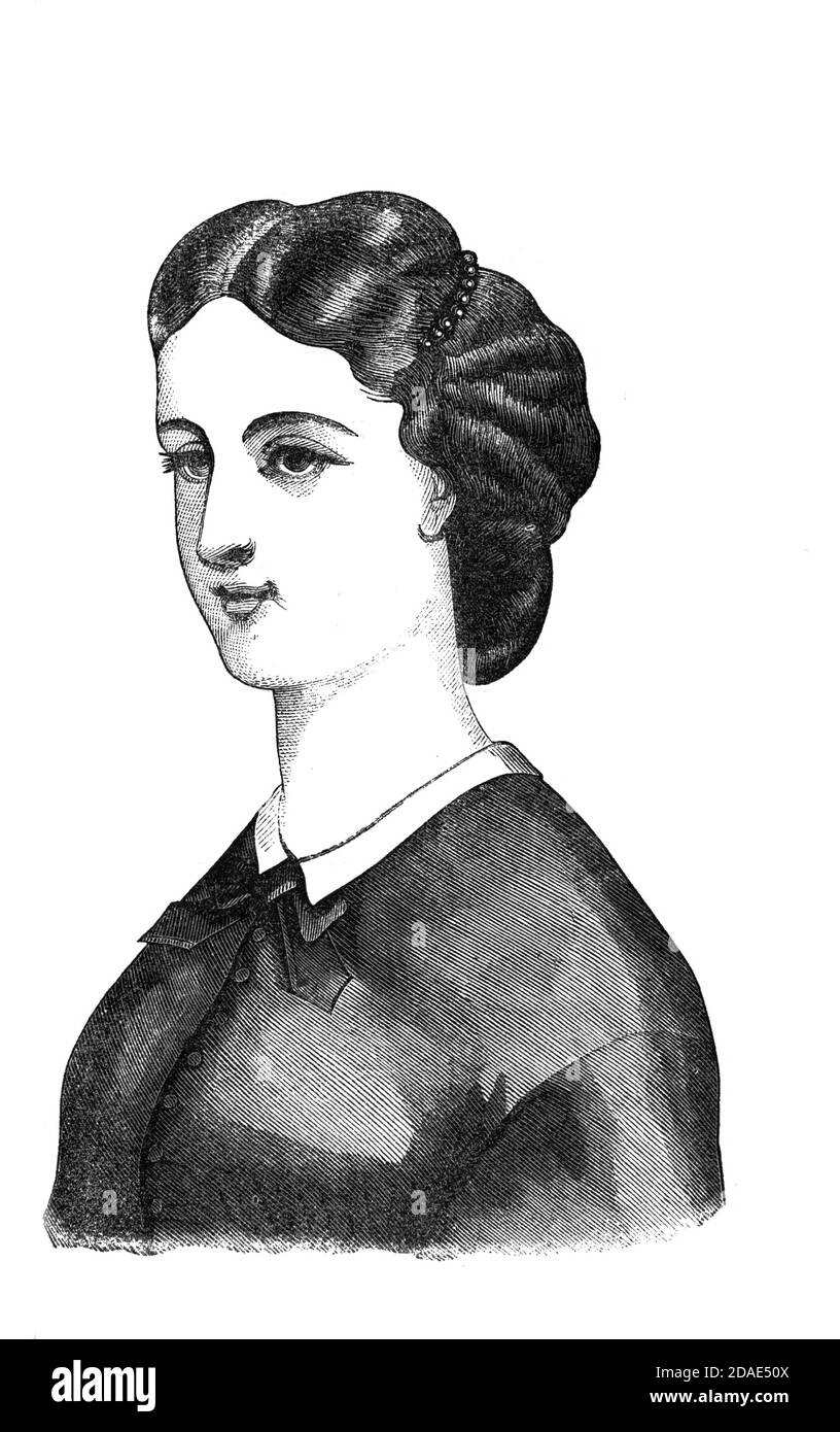 Coiffures - woman's hairstyling from Godey's Lady's Book and Magazine, Marc, 1864, Volume LXIX, (Volume 69), Philadelphia, Louis A. Godey, Sarah Josepha Hale, Stock Photo
