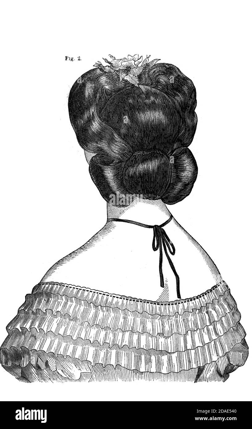 Coiffures - woman's hairstyling from Godey's Lady's Book and Magazine, Marc, 1864, Volume LXIX, (Volume 69), Philadelphia, Louis A. Godey, Sarah Josepha Hale, Stock Photo