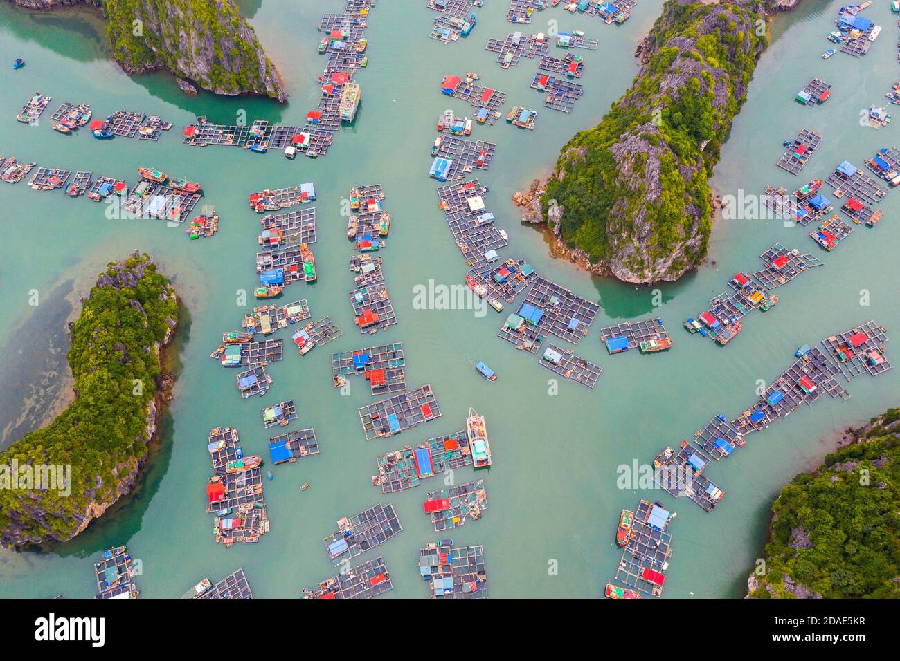 Aerial view of Floating fishing village in Lan Ha Bay, Vietnam. UNESCO World Heritage Site. Near