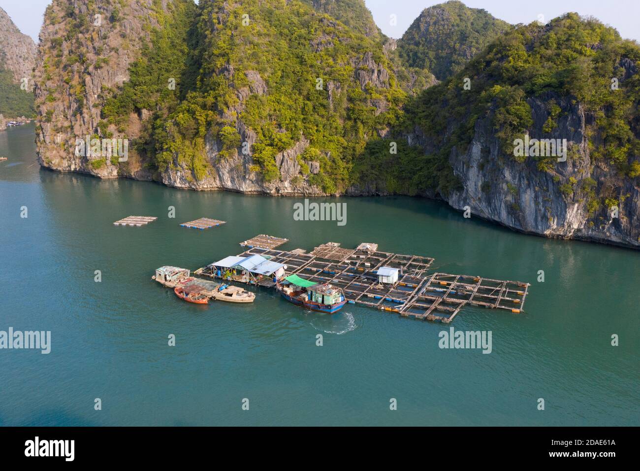 Aerial view of Floating fishing village in Lan Ha Bay, Vietnam. UNESCO