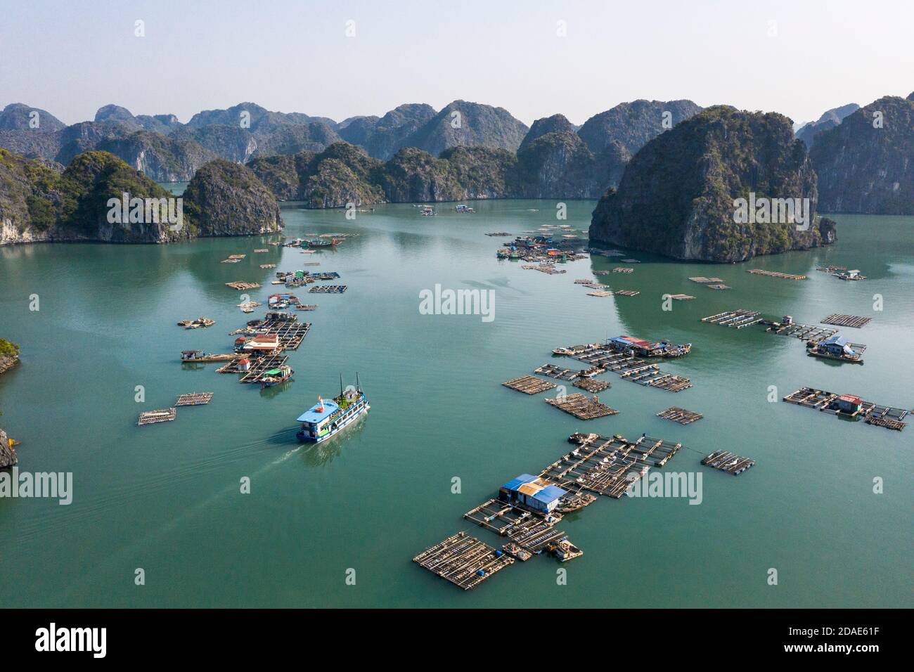 Aerial view of Floating fishing village in Lan Ha Bay, Vietnam. UNESCO World Heritage Site. Near