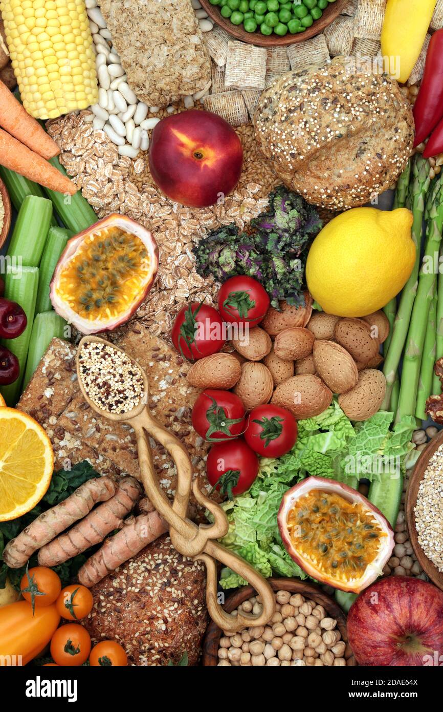 High fibre food for a healthy gut with fruit, vegetables, grain ...