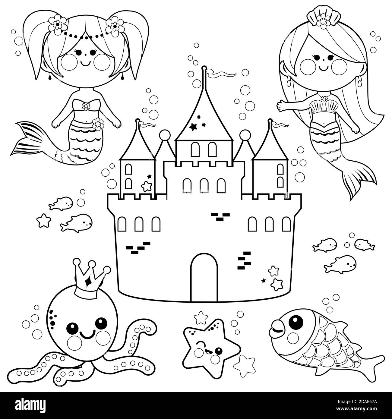 Cute mermaids underwater Black - Cute Mermaids Underwater Black And White Coloring Page 2DAE67A 