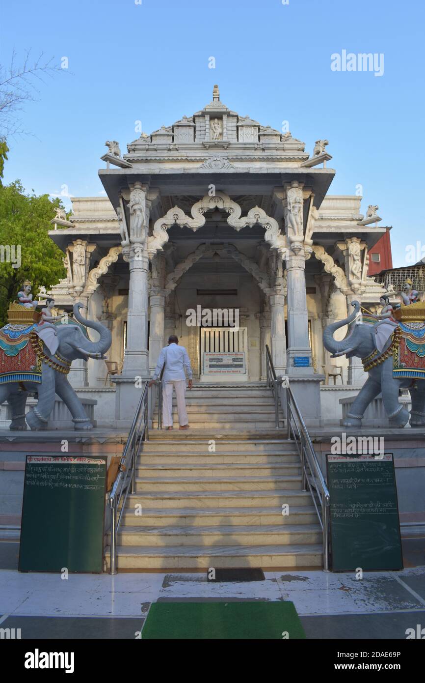 Close-up view of Manmohan Parshwanath Jain Swetambar Mandir,  one of the top Jain Temples in Bhawani Peth, Pune, Maharashtra Stock Photo