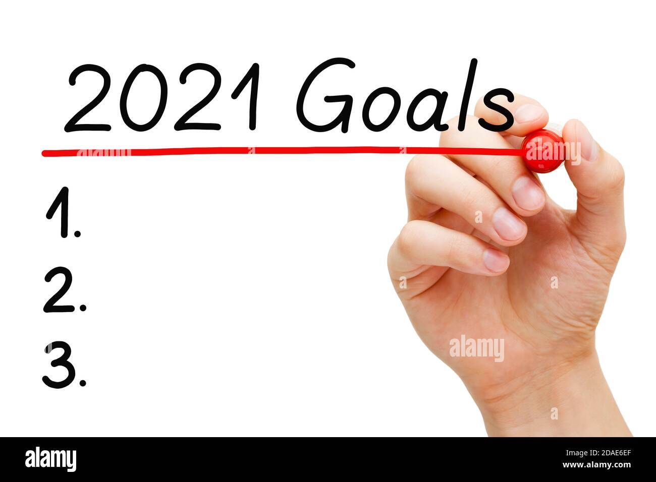 Blank goals list concept for year 2021 isolated on white background. Hand underlining 2021 Goals with red marker on transparent wipe board. Stock Photo