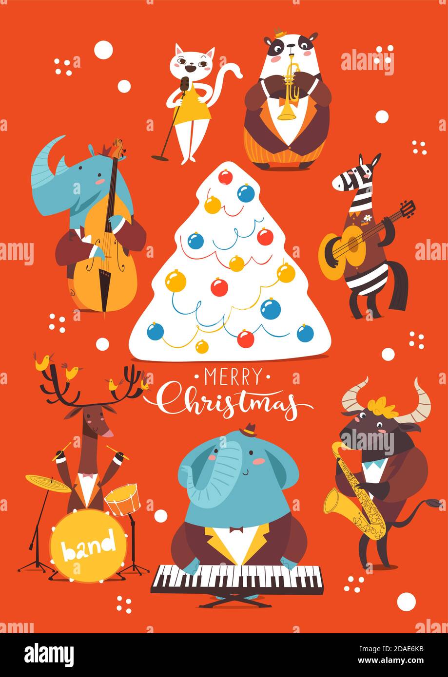 Christmas cartoon poster with cute jazz musicians characters. Stock Vector