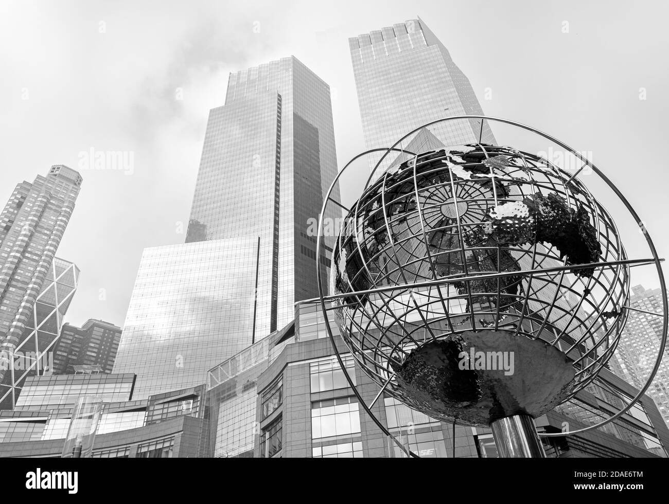 New York, USA - Sep 16, 2017:  Iconic sculpture of Earth in front of Trump Towers at Columbus Circle in Manhattan. Stainless steel Unisphere sculpture Stock Photo